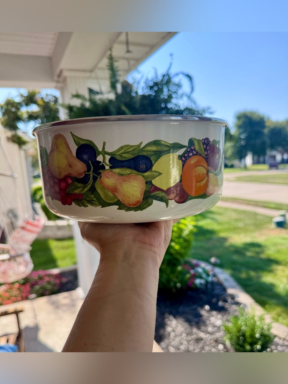 Vintage enamelware mixing bowl with  Fruit Pattern
